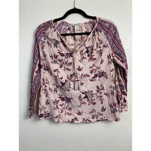 Lucky Brand Live in Love Pink Floral Peasant Blouse Top Size XS Boho Prairie